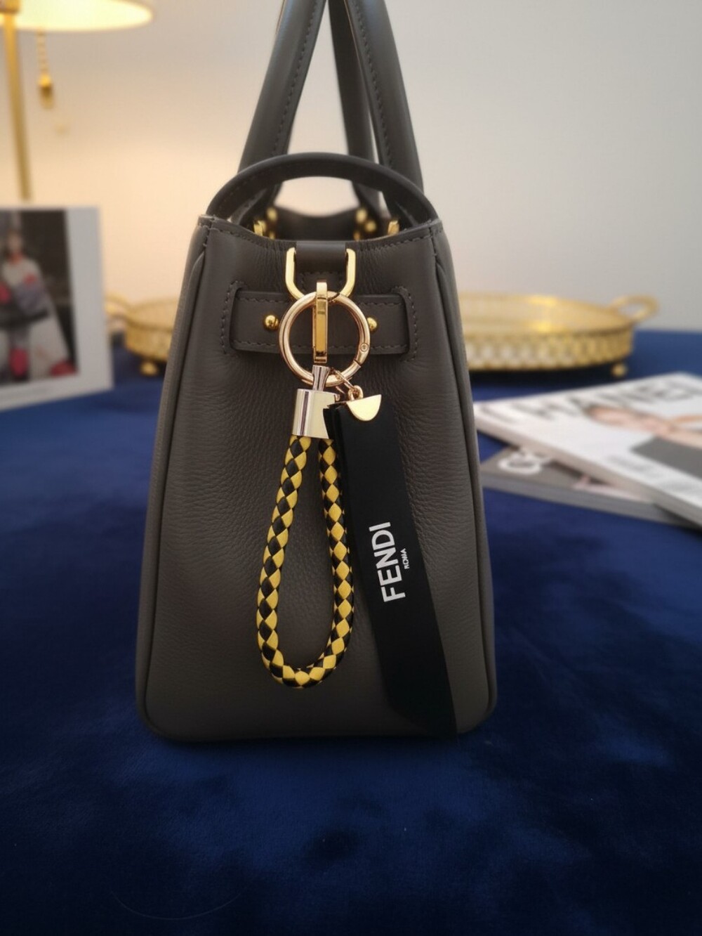 Fendi Black Ribbon Accent Keychain Bag Charm with Leather Braided Key Fob